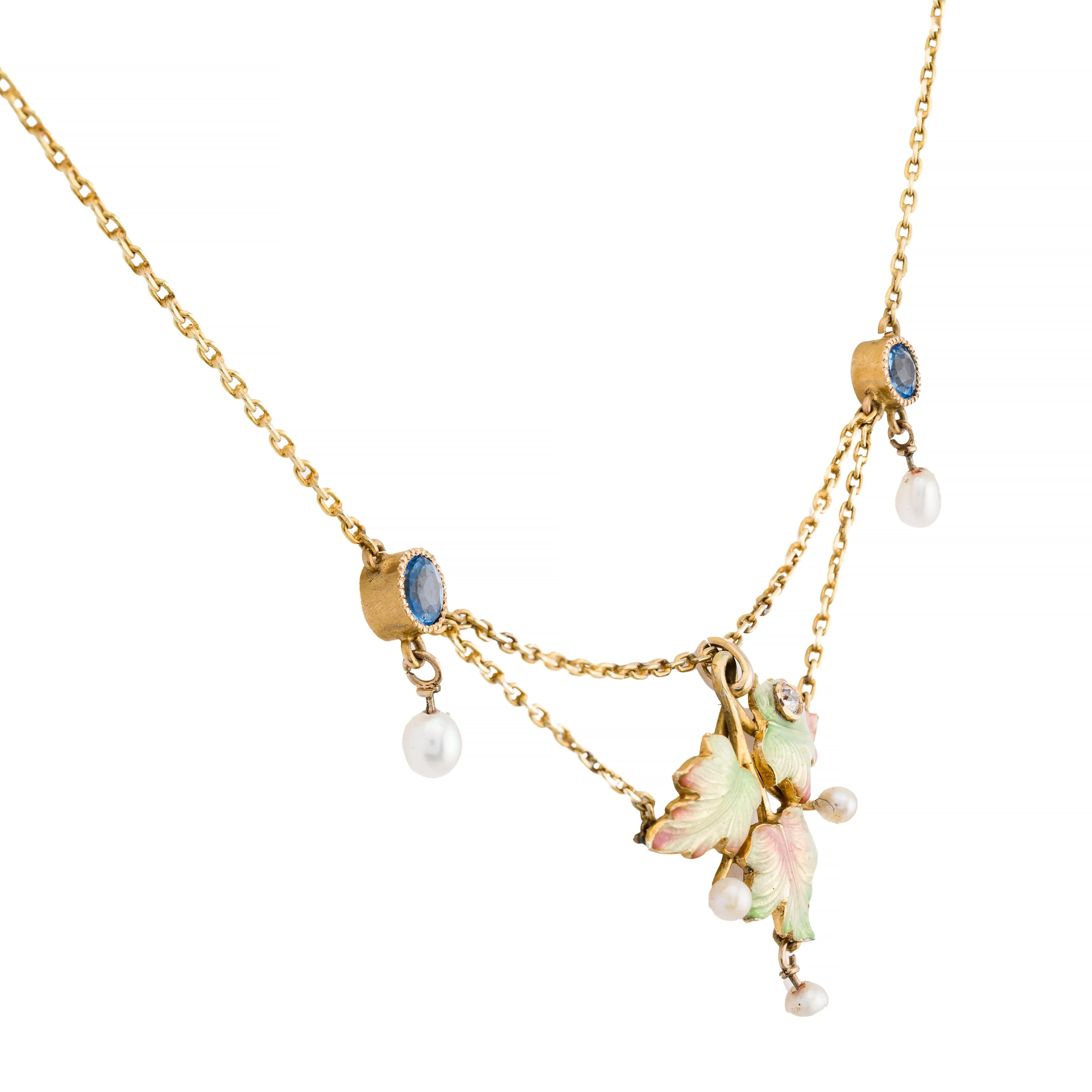 Art Nouveau Enamel Leaf Motif, Yogo Sapphire, & Diamond Festoon Necklace