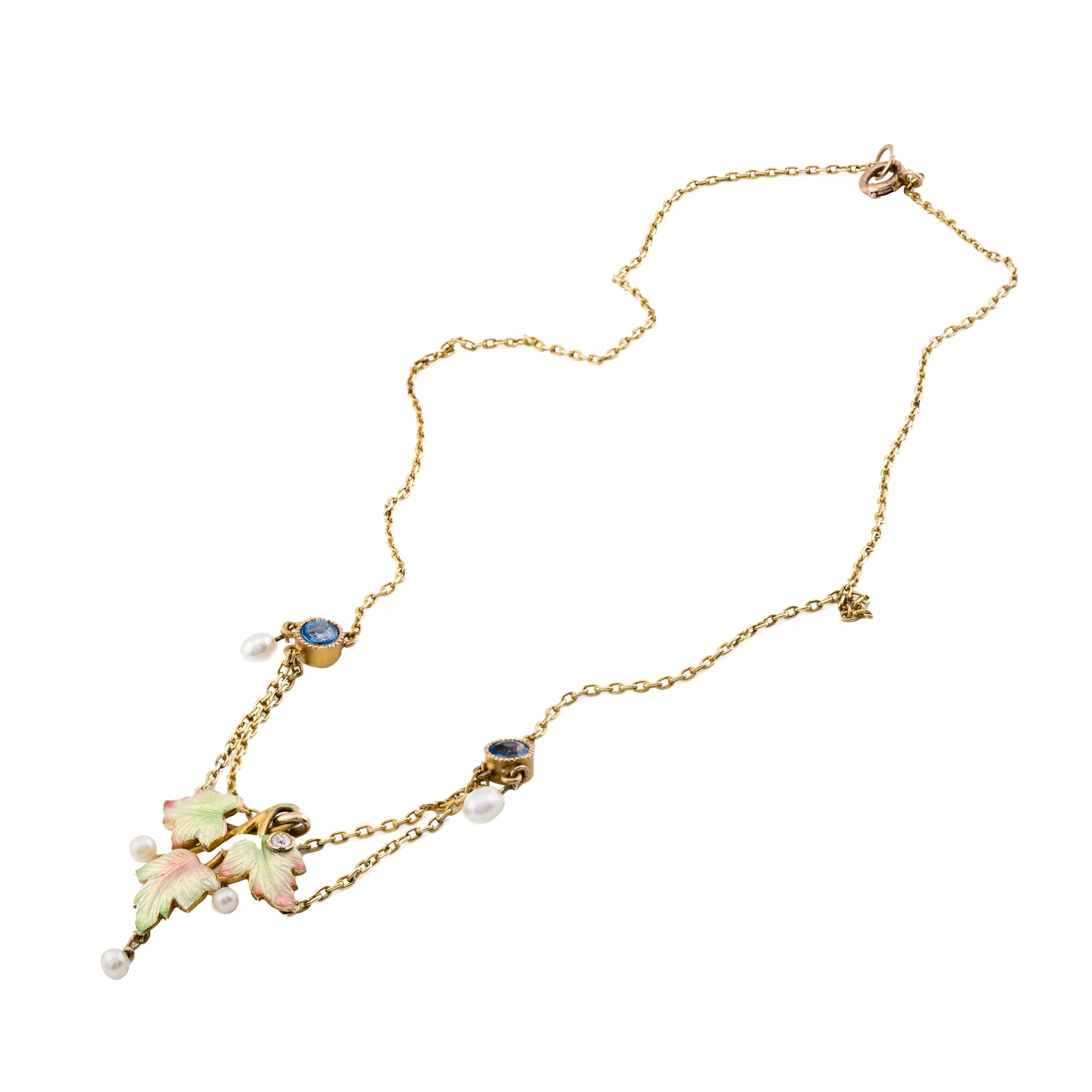 Art Nouveau Enamel Leaf Motif, Yogo Sapphire, & Diamond Festoon Necklace