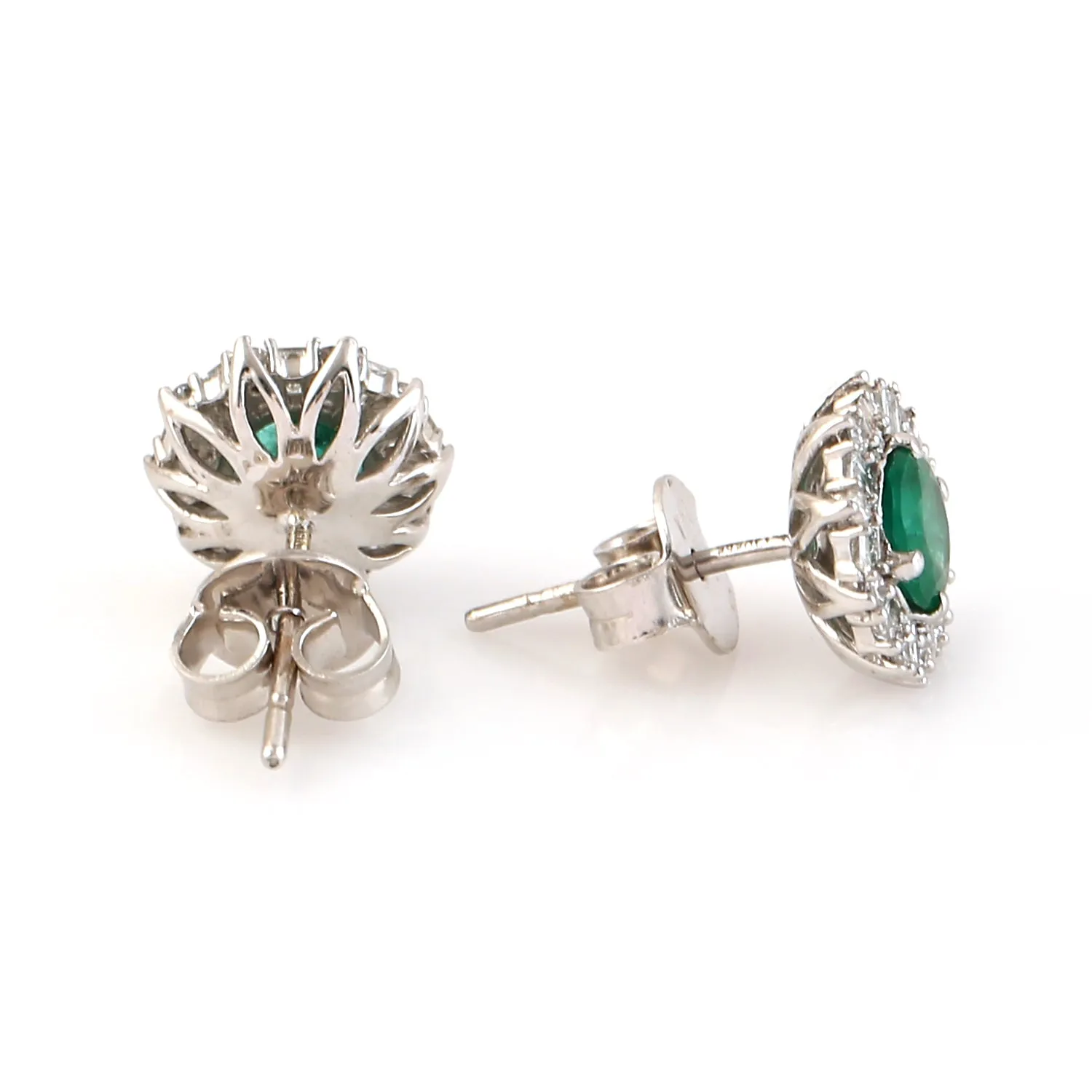 Baguette Diamond Prong Emerald In 14k White Gold Stud Earrings For Women