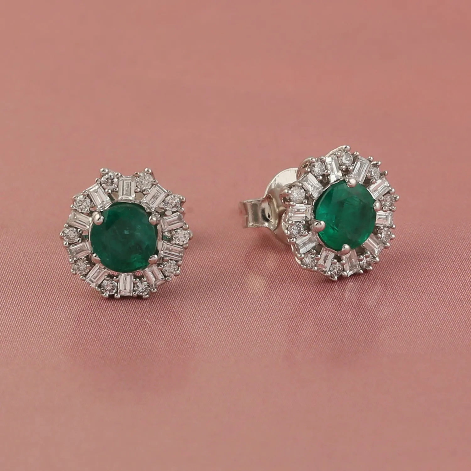 Baguette Diamond Prong Emerald In 14k White Gold Stud Earrings For Women