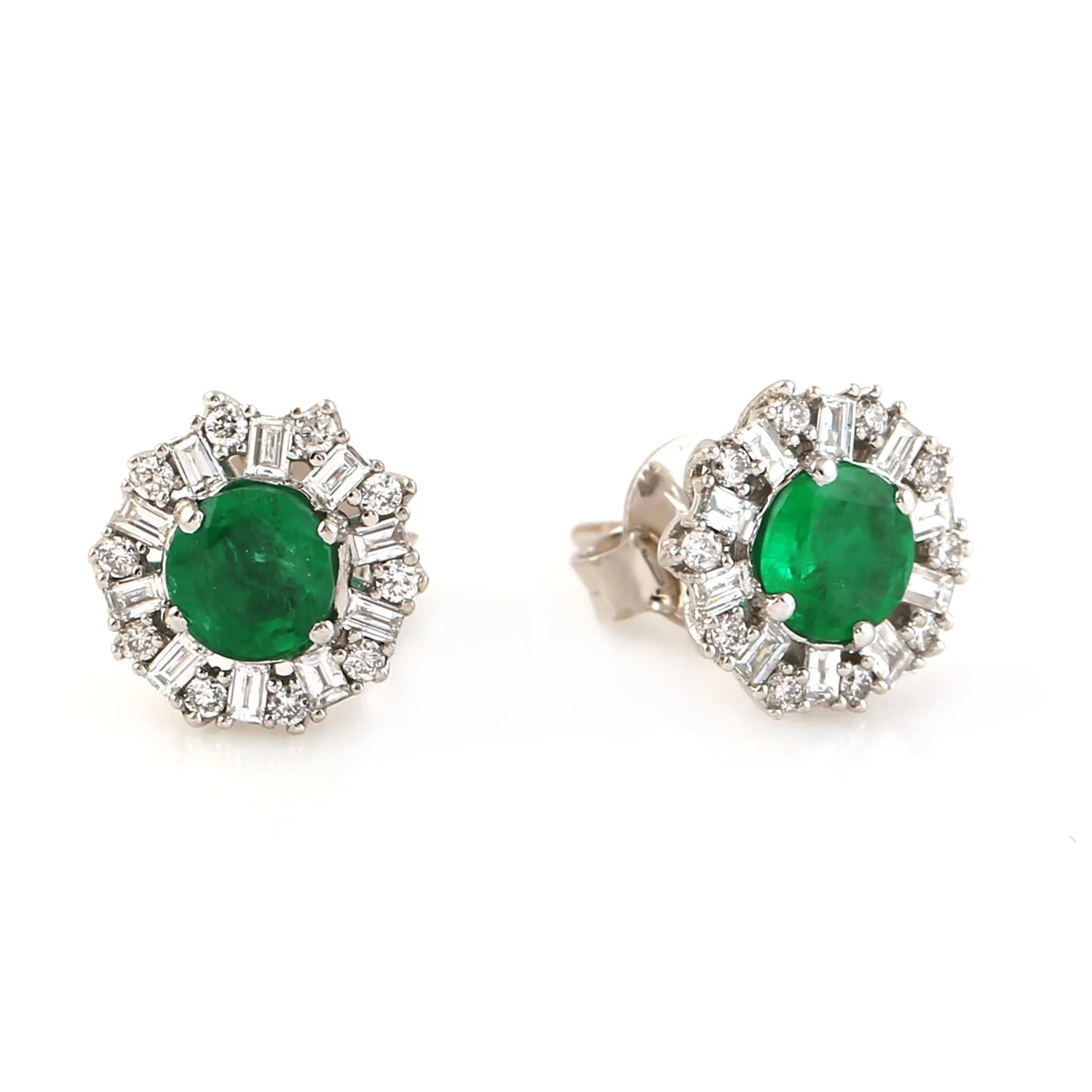 Baguette Diamond Prong Emerald In 14k White Gold Stud Earrings For Women