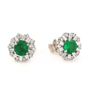 Baguette Diamond Prong Emerald In 14k White Gold Stud Earrings For Women