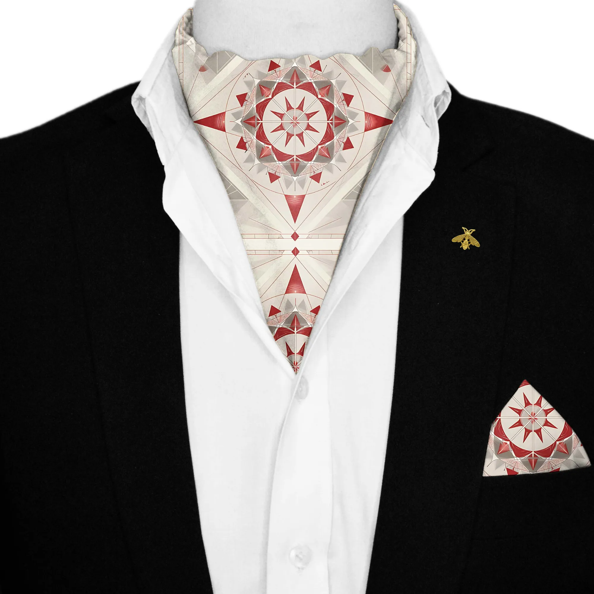 BEAUTIFUL STAR GEOMETRIC SILK ASCOT WITH LAPEL PIN AND POCKET SQUARE
