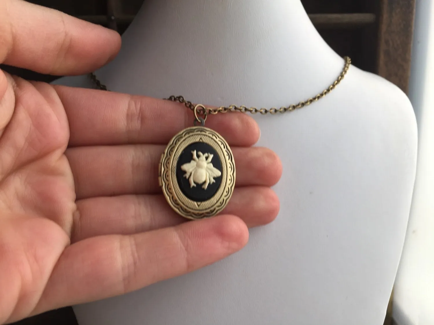 Bee Cameo Locket Necklace in Bronze