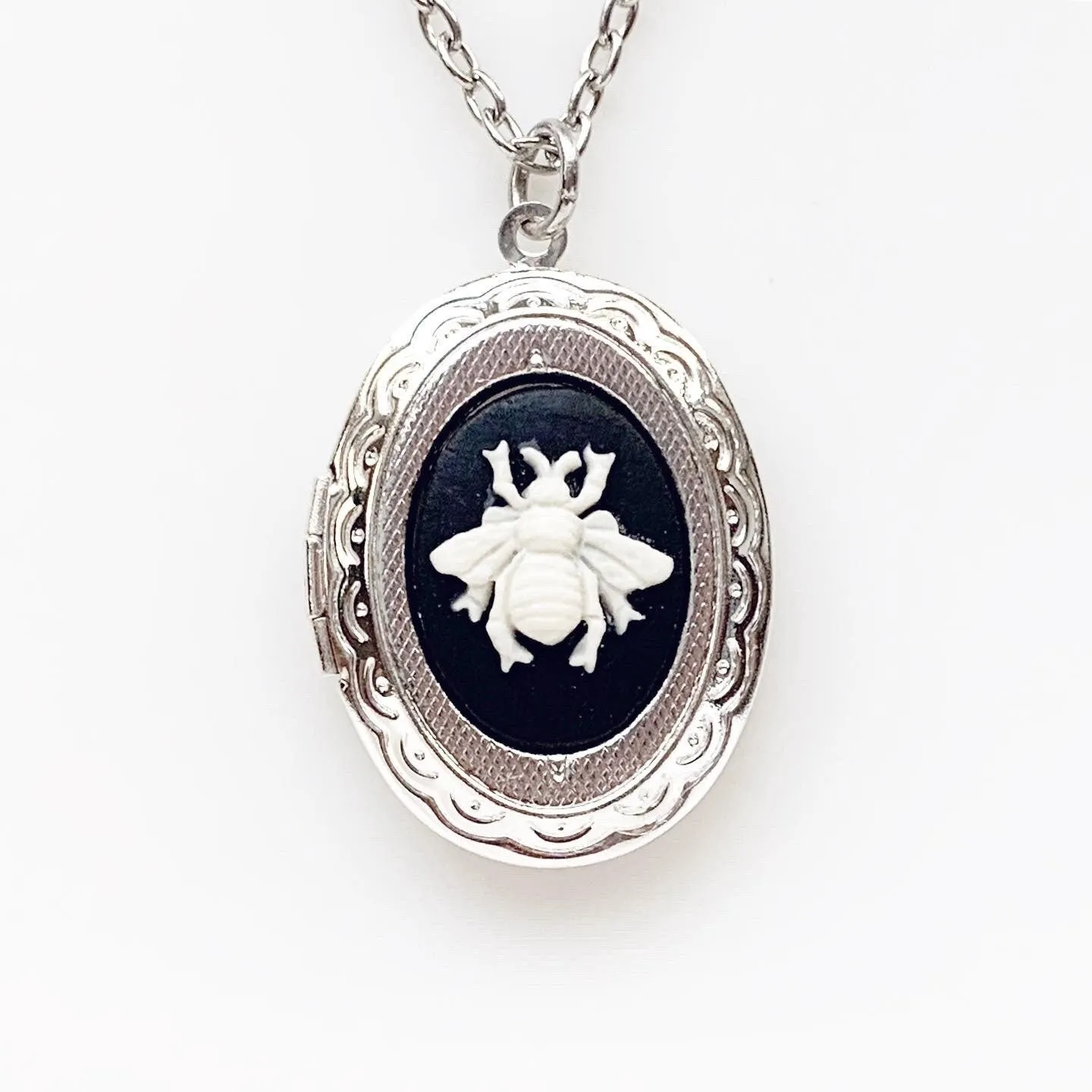 Bee Cameo Locket Necklace in Silver