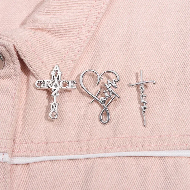 Believers Live Forever Jesus Enamel Pins Heart Cross Brooches