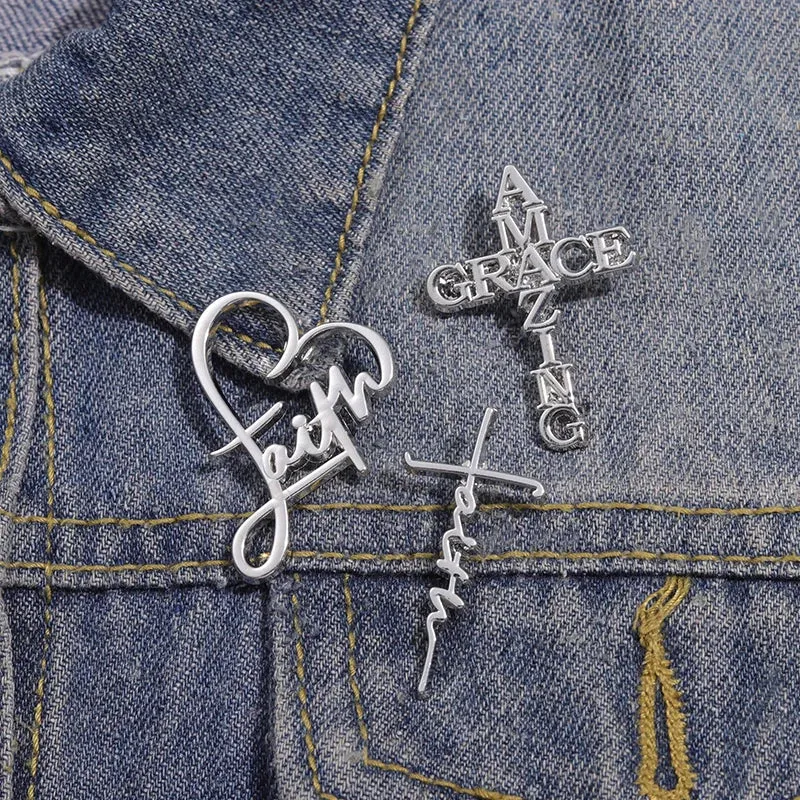 Believers Live Forever Jesus Enamel Pins Heart Cross Brooches