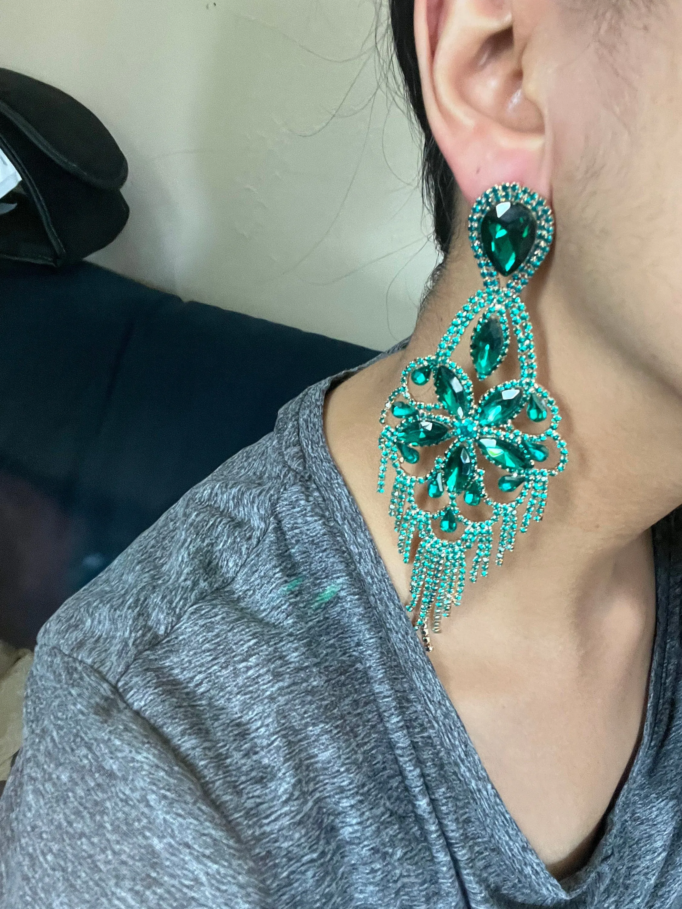 Big Green Crystal earrings , large green earrings , dark green rhinestone earrings , emerald earrings , dark green  pine green  huge 5 inch