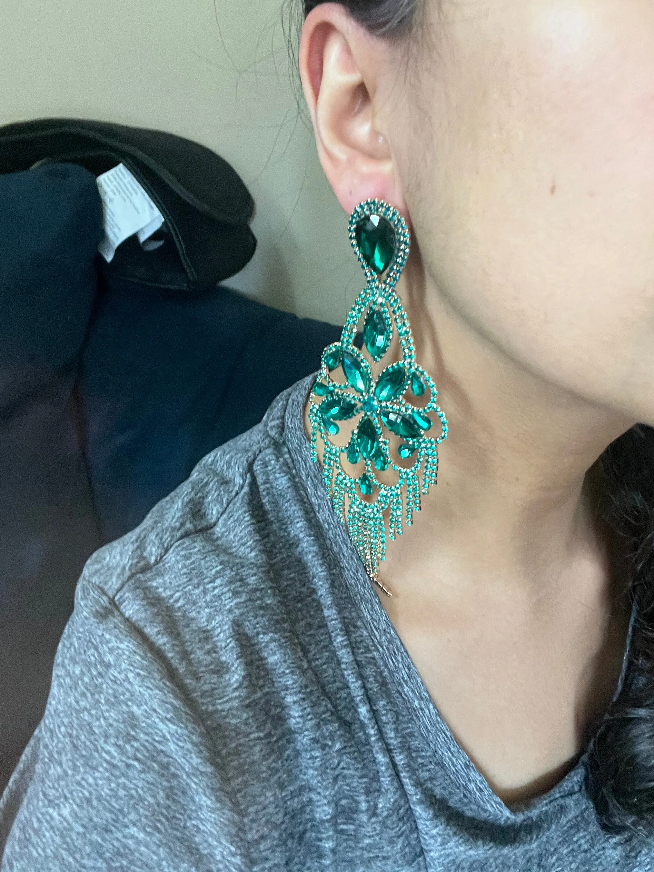Big Green Crystal earrings , large green earrings , dark green rhinestone earrings , emerald earrings , dark green  pine green  huge 5 inch