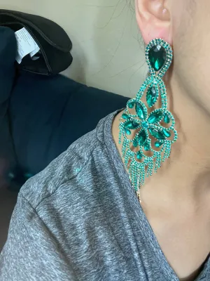 Big Green Crystal earrings , large green earrings , dark green rhinestone earrings , emerald earrings , dark green  pine green  huge 5 inch
