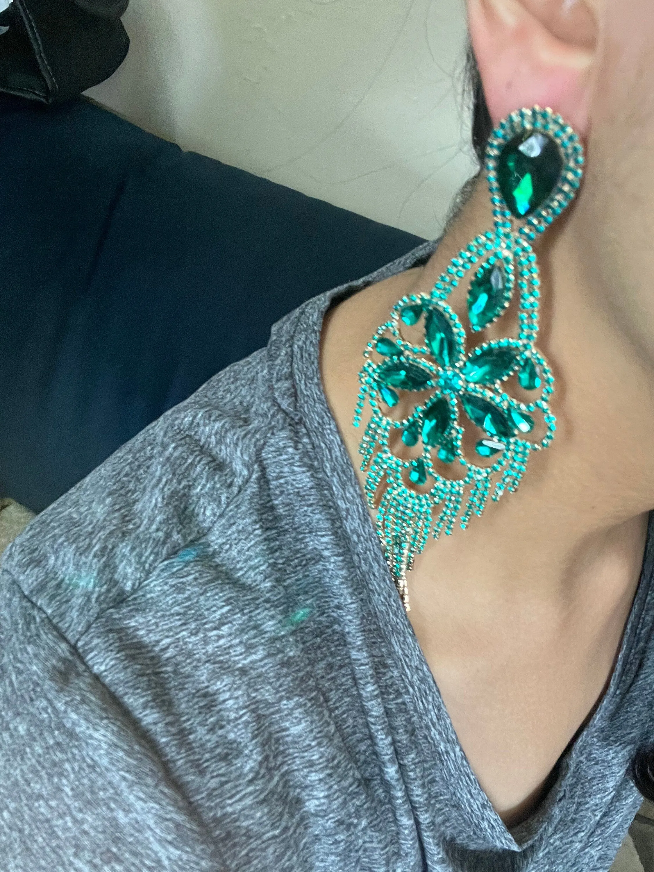 Big Green Crystal earrings , large green earrings , dark green rhinestone earrings , emerald earrings , dark green  pine green  huge 5 inch