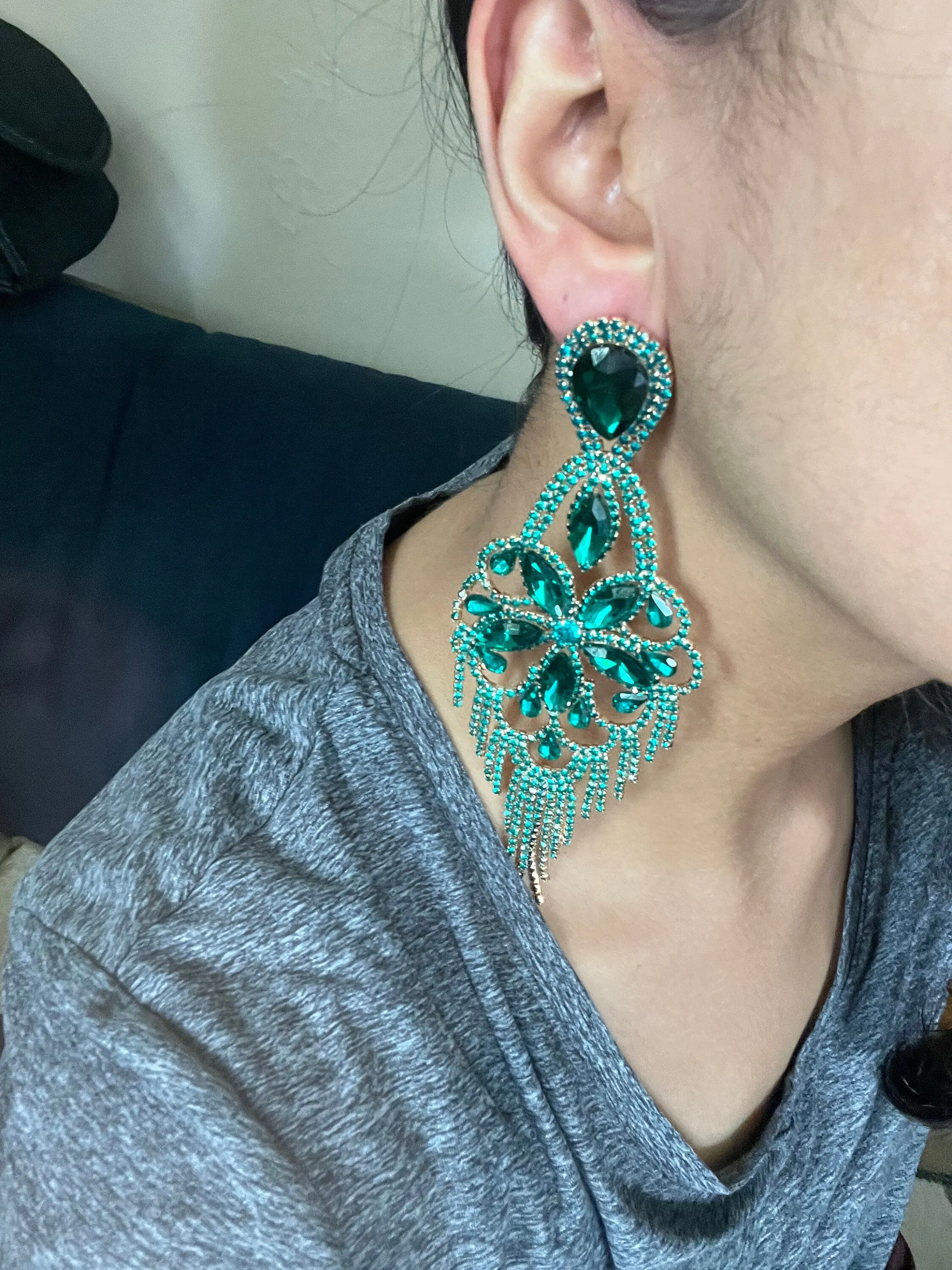 Big Green Crystal earrings , large green earrings , dark green rhinestone earrings , emerald earrings , dark green  pine green  huge 5 inch