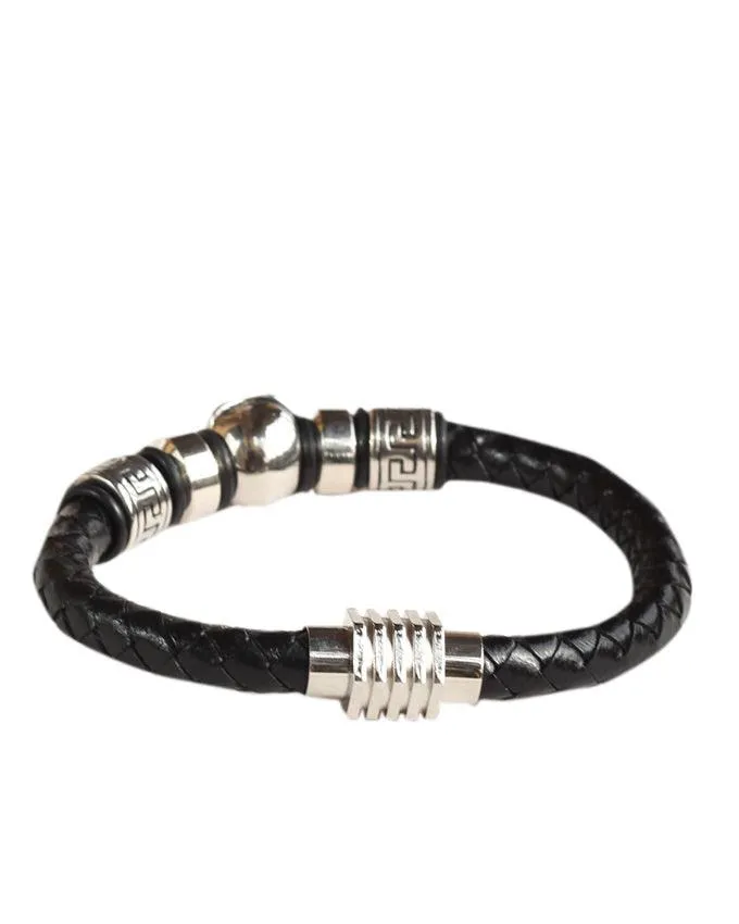 Black leather woven plaited Men's bracelet with skull head end