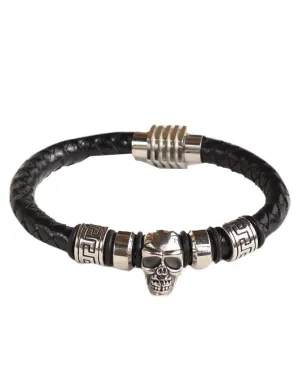 Black leather woven plaited Men's bracelet with skull head end