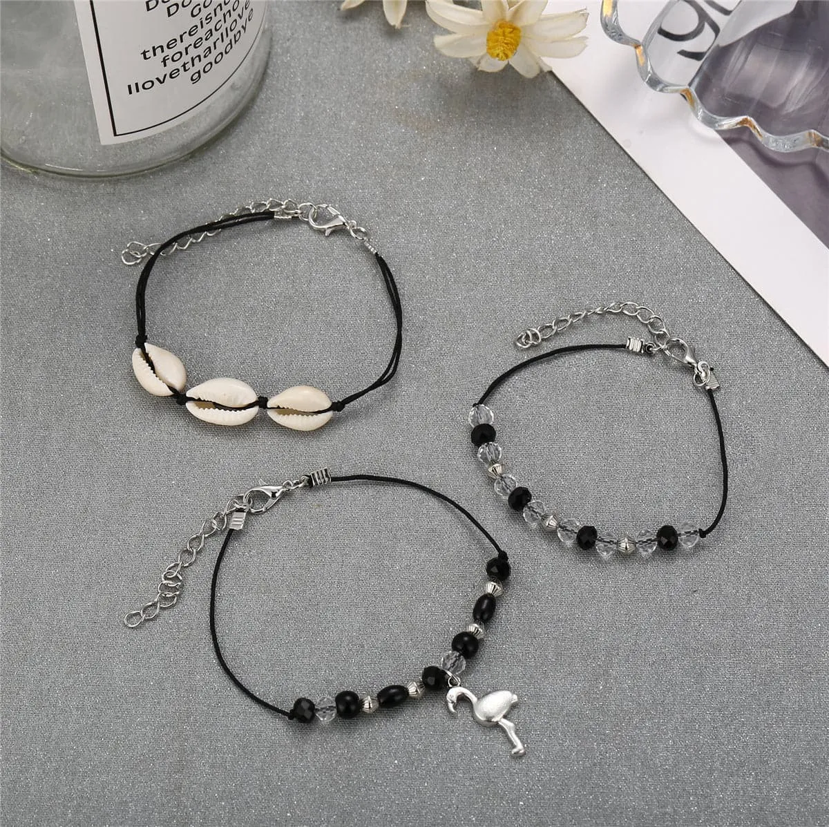 Black Resin & Pukka Shell Silver-Plated Crane Anklet Set