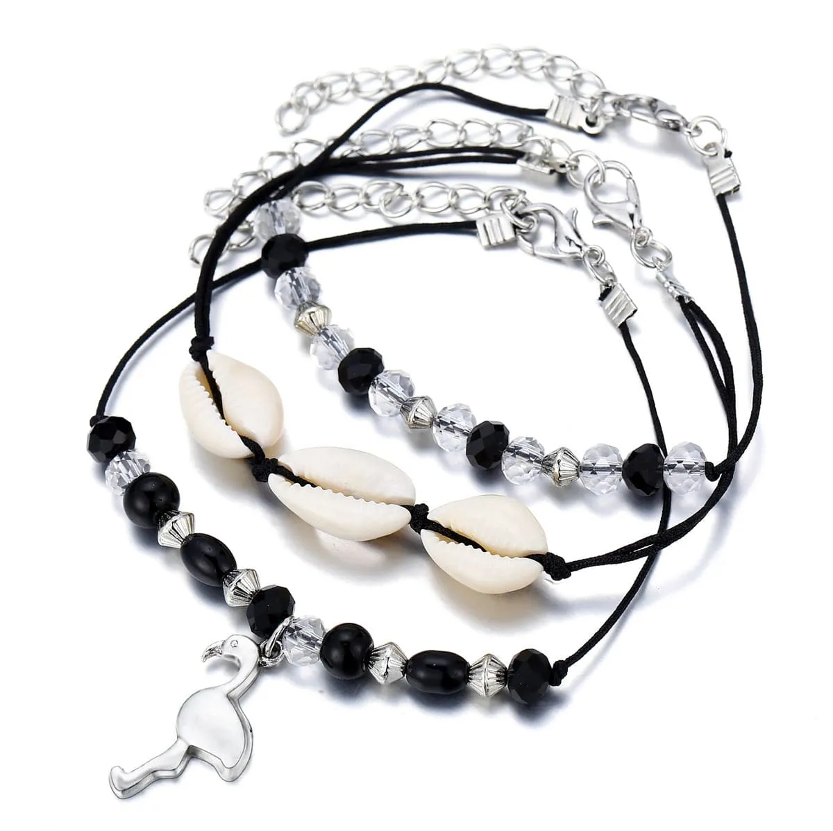 Black Resin & Pukka Shell Silver-Plated Crane Anklet Set