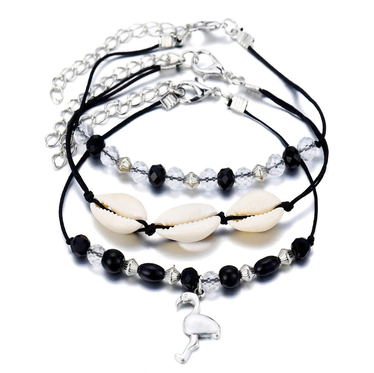 Black Resin & Pukka Shell Silver-Plated Crane Anklet Set