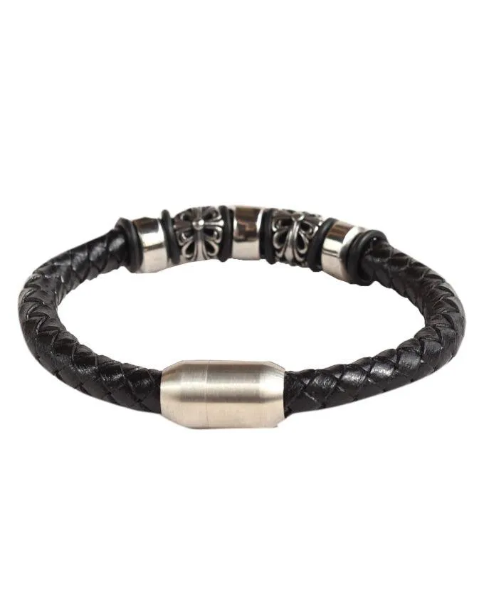 Black Woven Leather Bracelet With a Stainless Steel Clasp