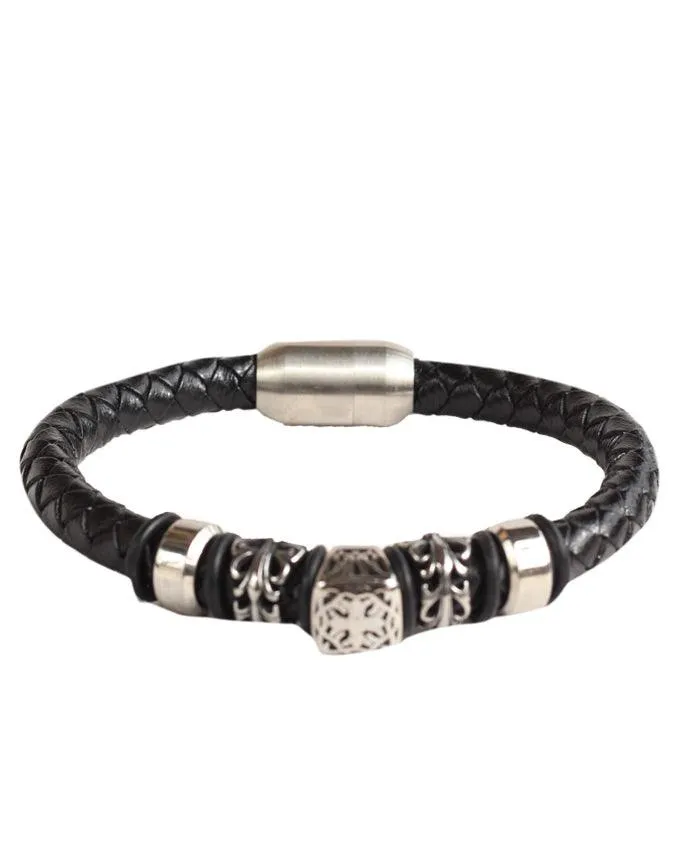 Black Woven Leather Bracelet With a Stainless Steel Clasp