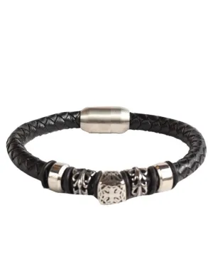 Black Woven Leather Bracelet With a Stainless Steel Clasp