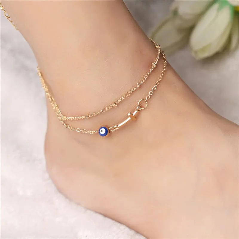 Blue Enamel & 18K Gold-Plated Eye Cross Layered Charm Anklet