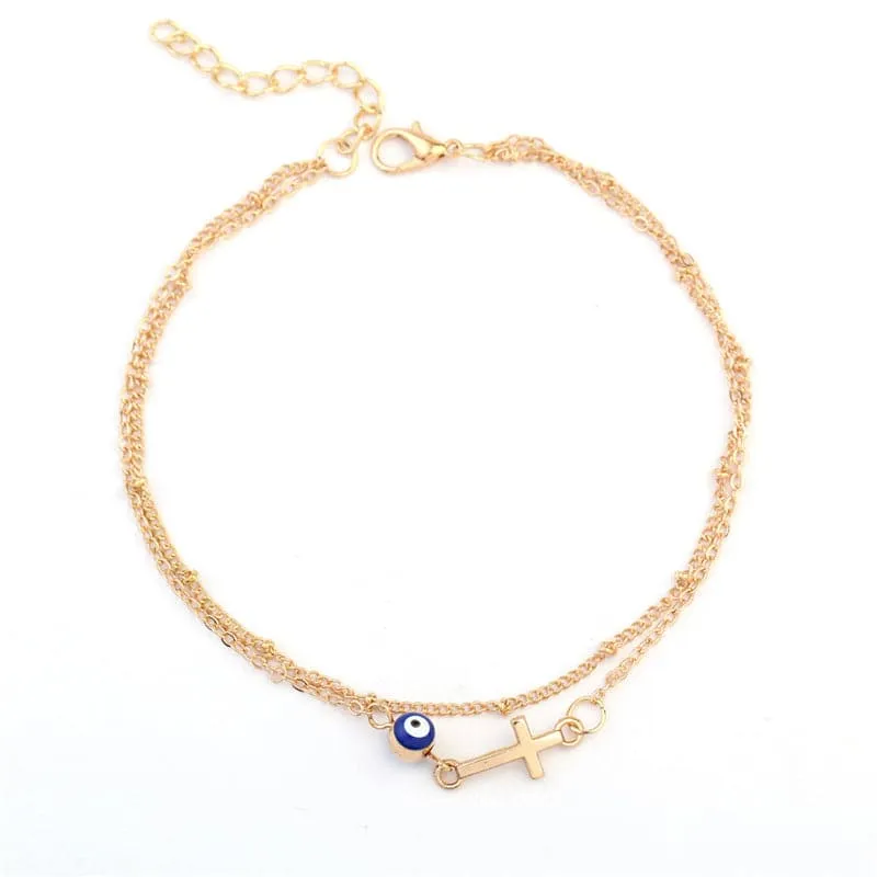 Blue Enamel & 18K Gold-Plated Eye Cross Layered Charm Anklet