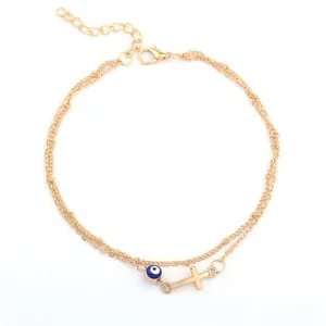 Blue Enamel & 18K Gold-Plated Eye Cross Layered Charm Anklet