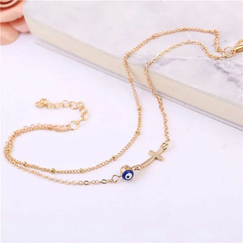 Blue Enamel & 18K Gold-Plated Eye Cross Layered Charm Anklet