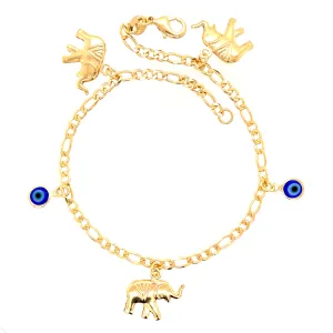 Blue Evil Eye and Elephant Charm bracelet or Anklet Figaro Link Chain