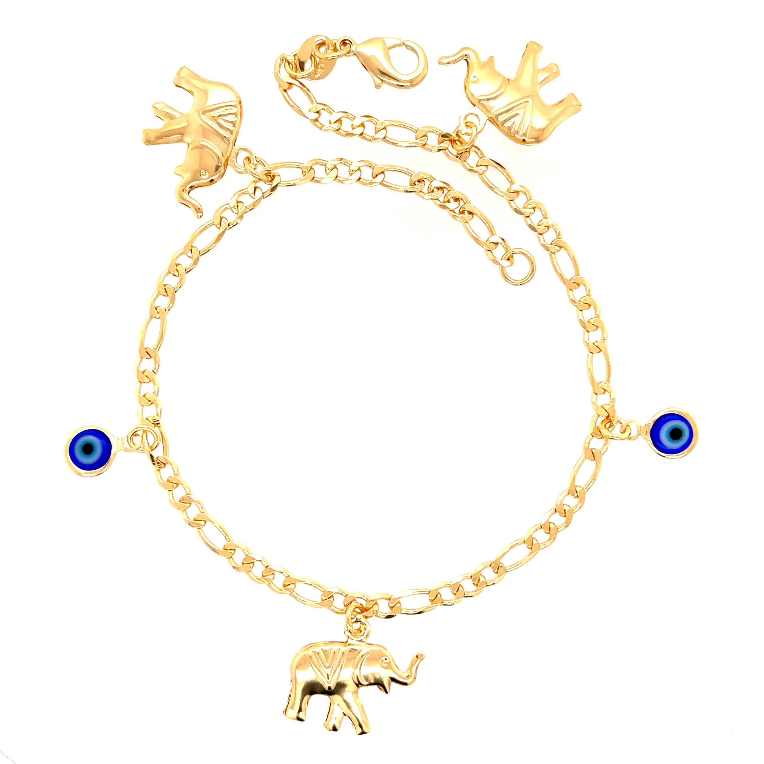Blue Evil Eye and Elephant Charm bracelet or Anklet Figaro Link Chain
