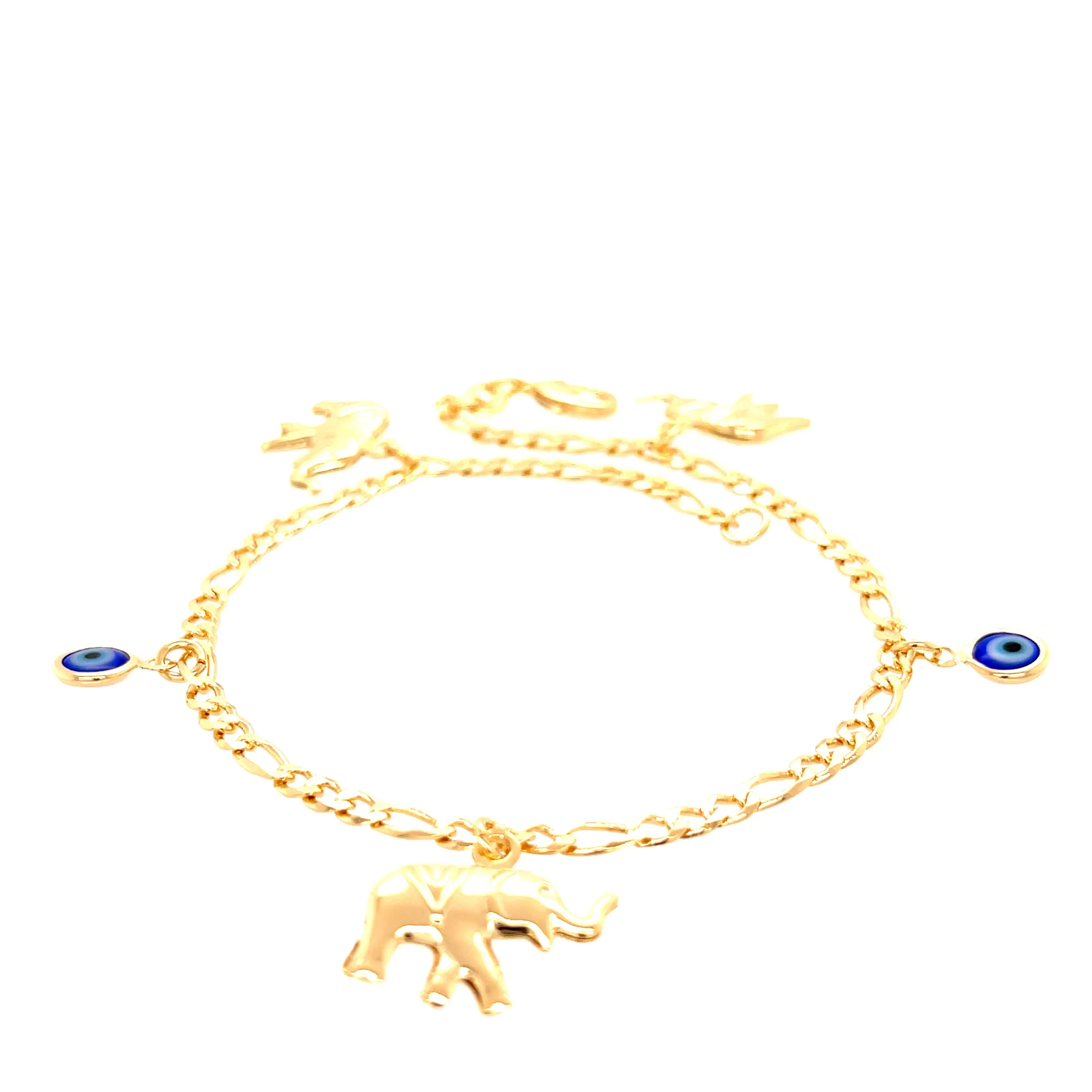 Blue Evil Eye and Elephant Charm bracelet or Anklet Figaro Link Chain