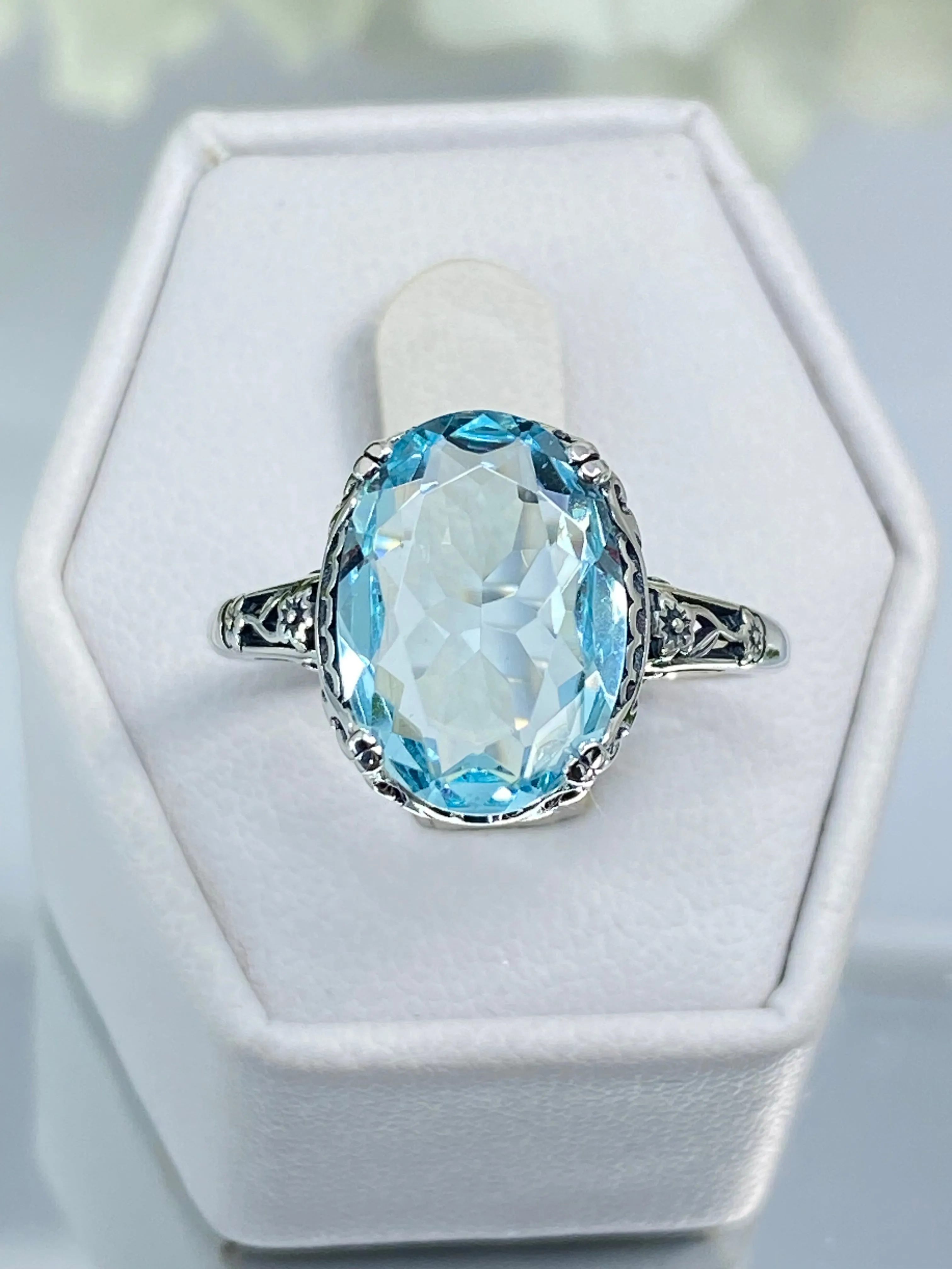 Blue Topaz Ring Natural or Simulated Aquamarine, Edwardian Jewelry #D70