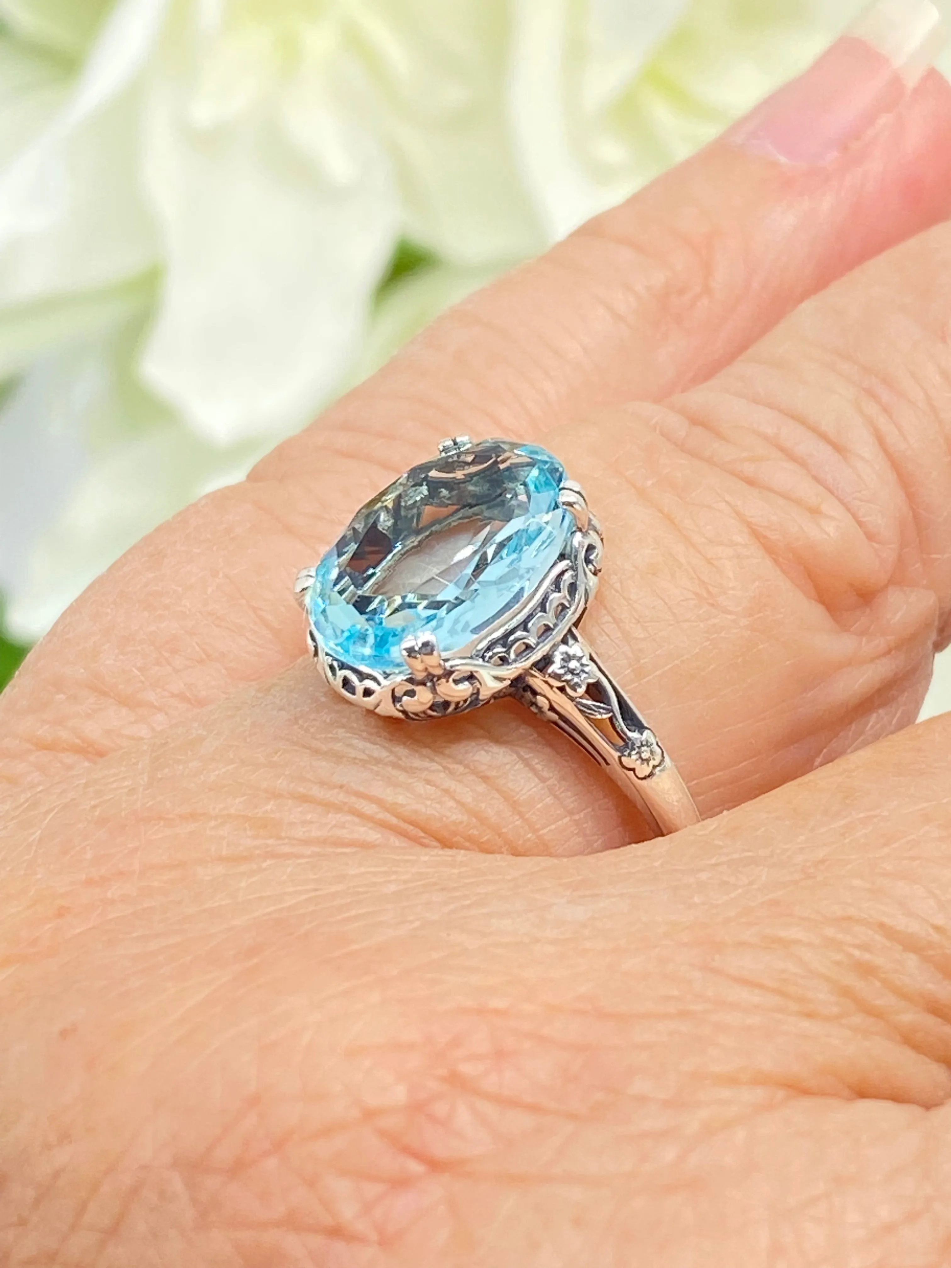 Blue Topaz Ring Natural or Simulated Aquamarine, Edwardian Jewelry #D70