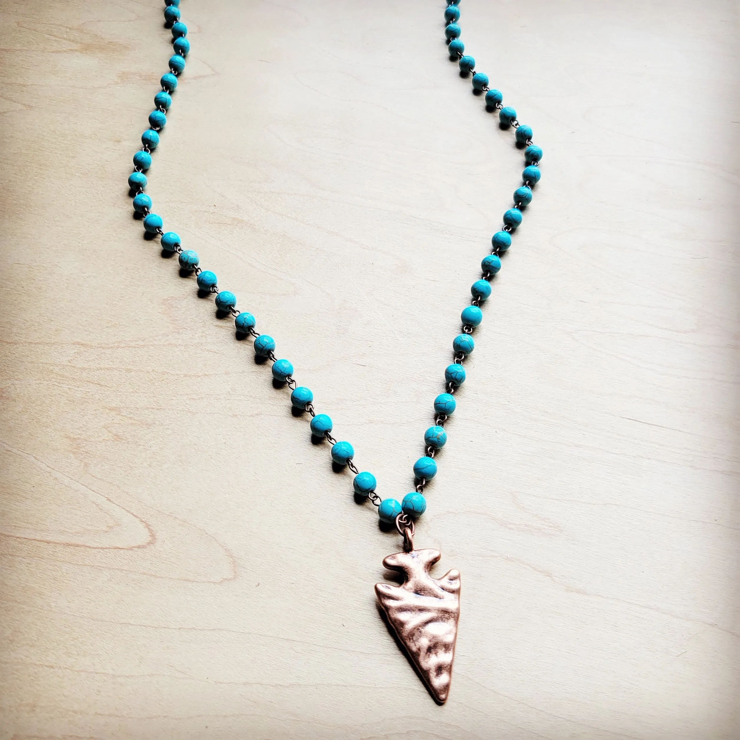 **Blue Turquoise Beaded Necklace w/ Antique Copper Arrowhead 260h