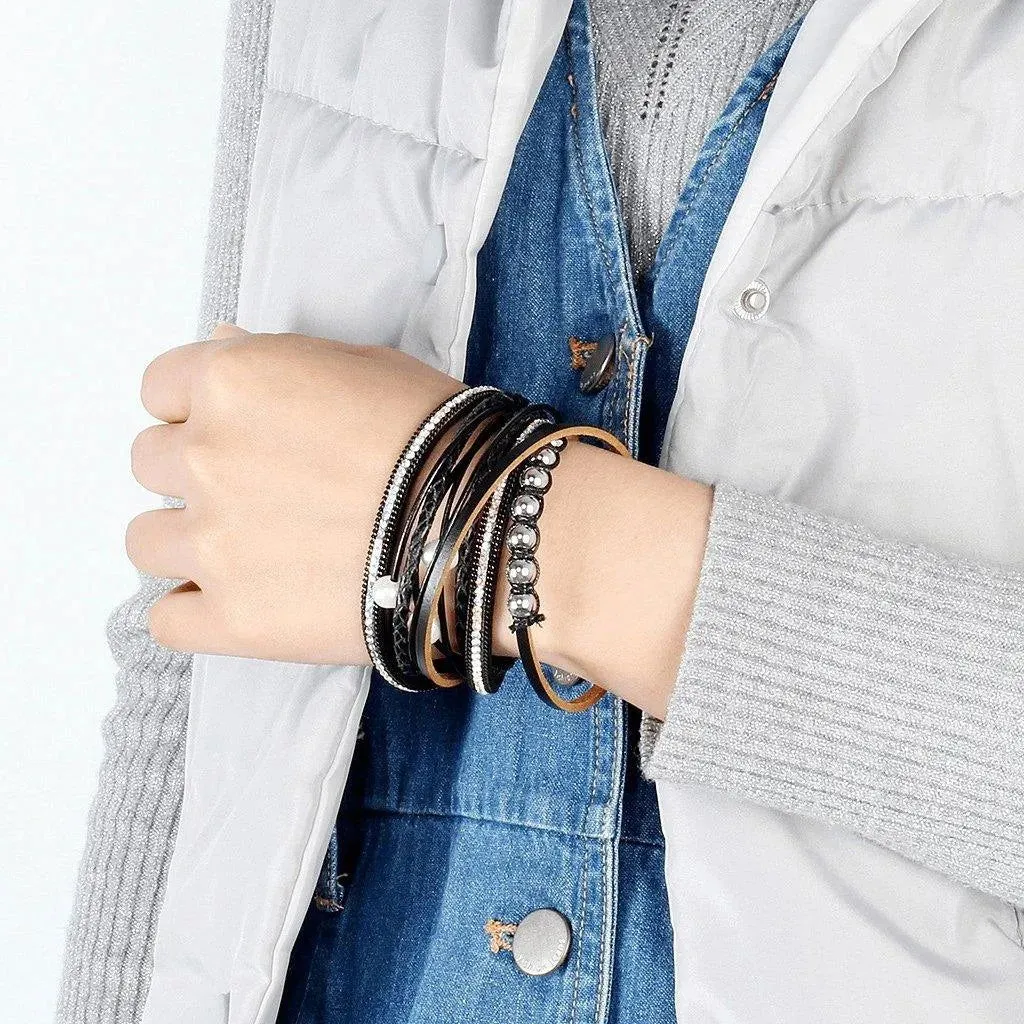 Bohemian Multi-strand Pearl Vegan Leather Braided Bracelet