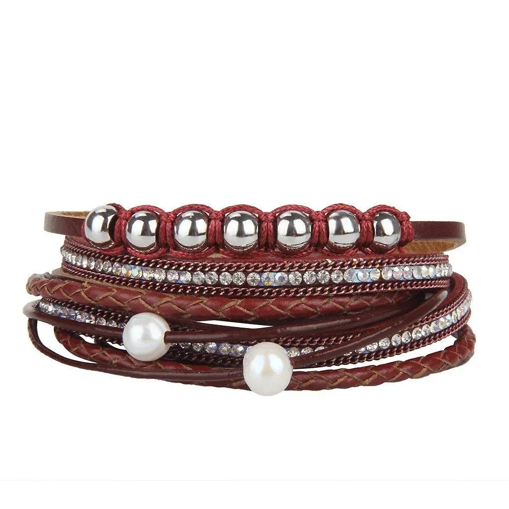 Bohemian Multi-strand Pearl Vegan Leather Braided Bracelet