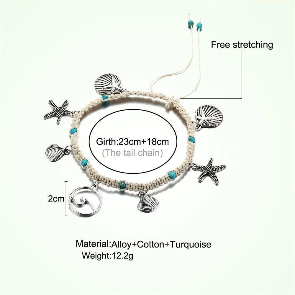 Bohemian Starfish Stone Anklets Set For Women Handmade Wave Anklet Bracelet on Leg Jewelry