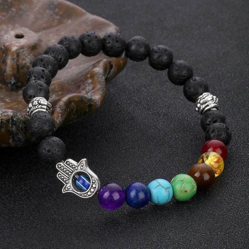 Bracelet 2Pcs /Set 7 Chakra Bead Lava Stone Bracelet Evil Blue Eye Beaded Charm