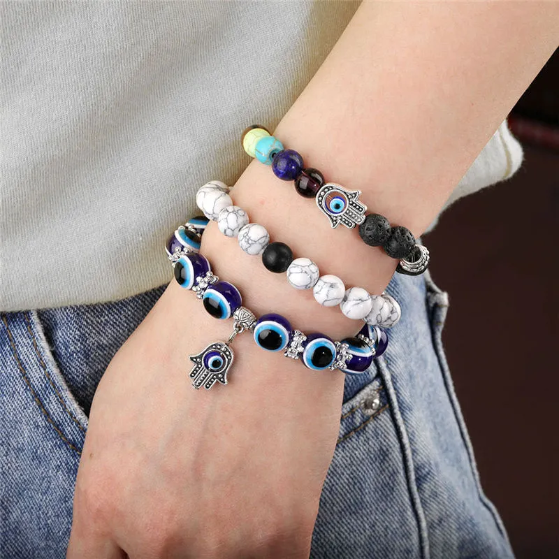 Bracelet 2Pcs /Set 7 Chakra Bead Lava Stone Bracelet Evil Blue Eye Beaded Charm