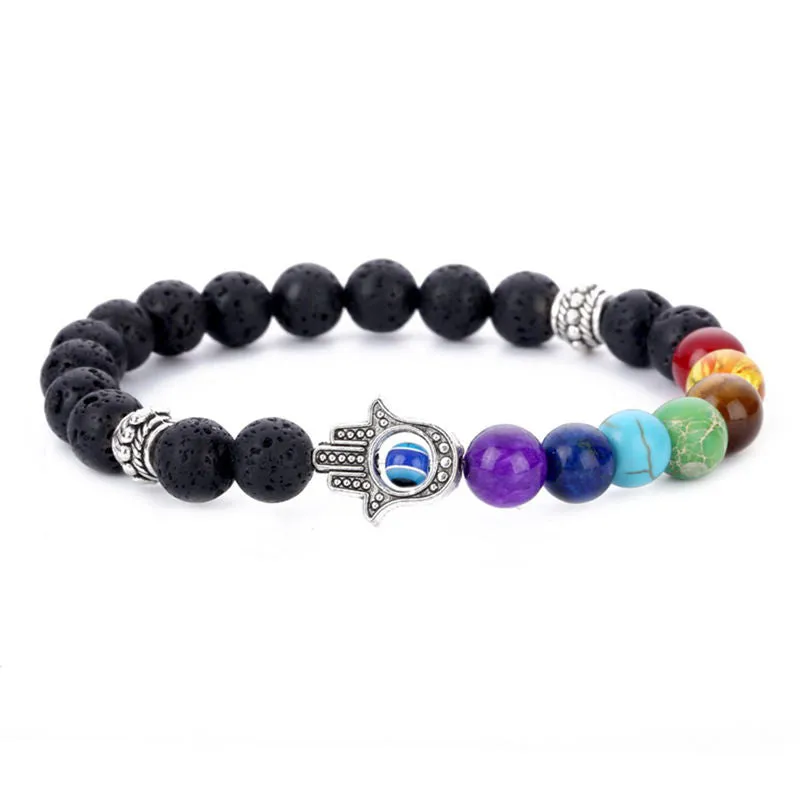 Bracelet 2Pcs /Set 7 Chakra Bead Lava Stone Bracelet Evil Blue Eye Beaded Charm
