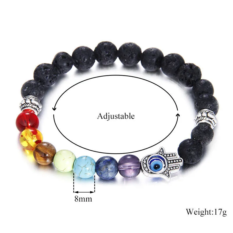 Bracelet 2Pcs /Set 7 Chakra Bead Lava Stone Bracelet Evil Blue Eye Beaded Charm