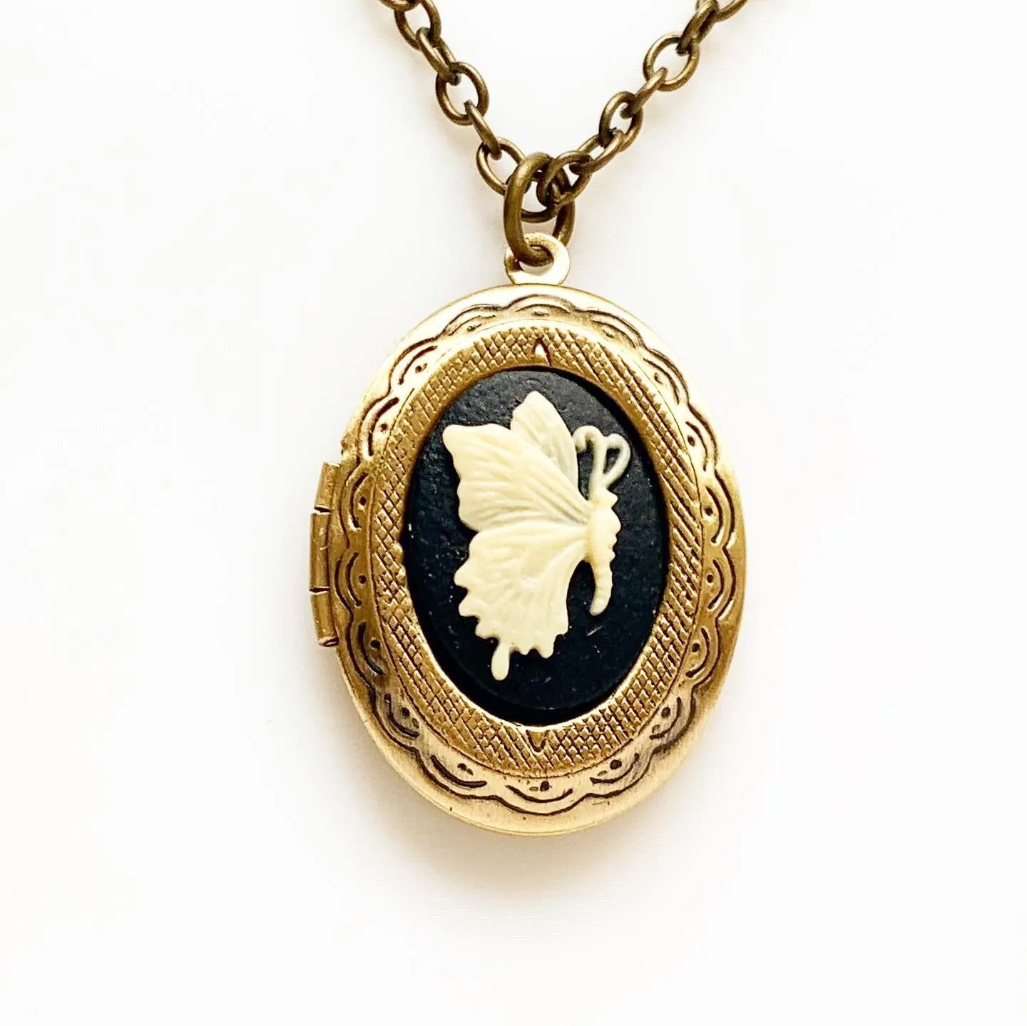 Butterfly Cameo Locket Necklace in Bronze