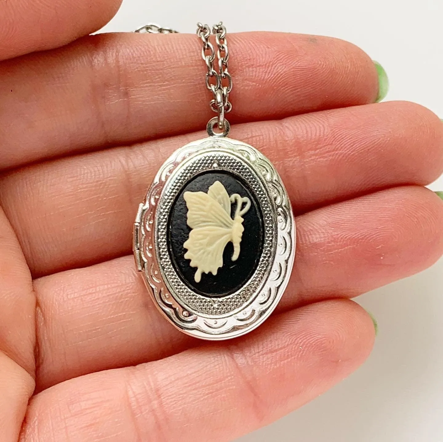 Butterfly Cameo Locket Necklace in Silver