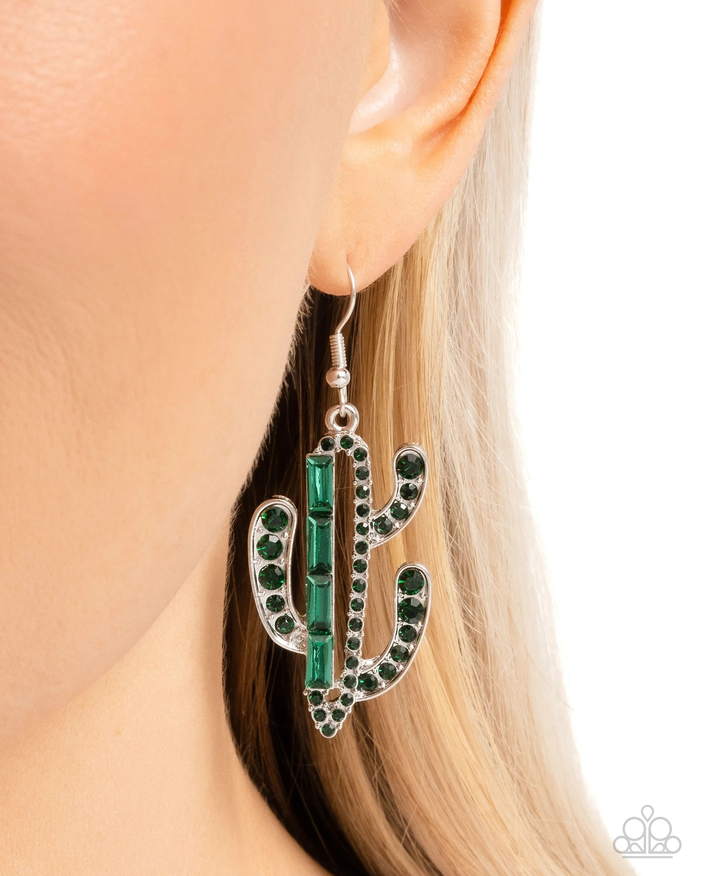 Cactus Confidence - Green - Rhinestone Paparazzi Fishhook Earrings