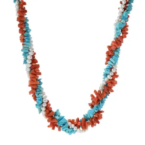 Cameo Italiano "Elements" Coral, Cultured Pearl & Turquoise Torsade 22" 2" Necklace