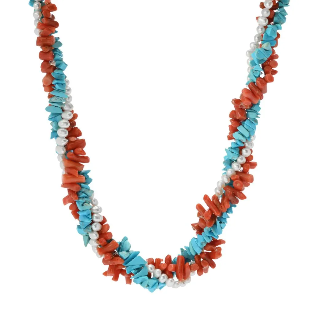 Cameo Italiano "Elements" Coral, Cultured Pearl & Turquoise Torsade 22" 2" Necklace