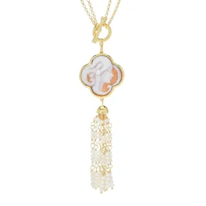 Cameo Italiano "Elysse" Portrait Shell Cameo & Cultured Pearl Tassel Necklace