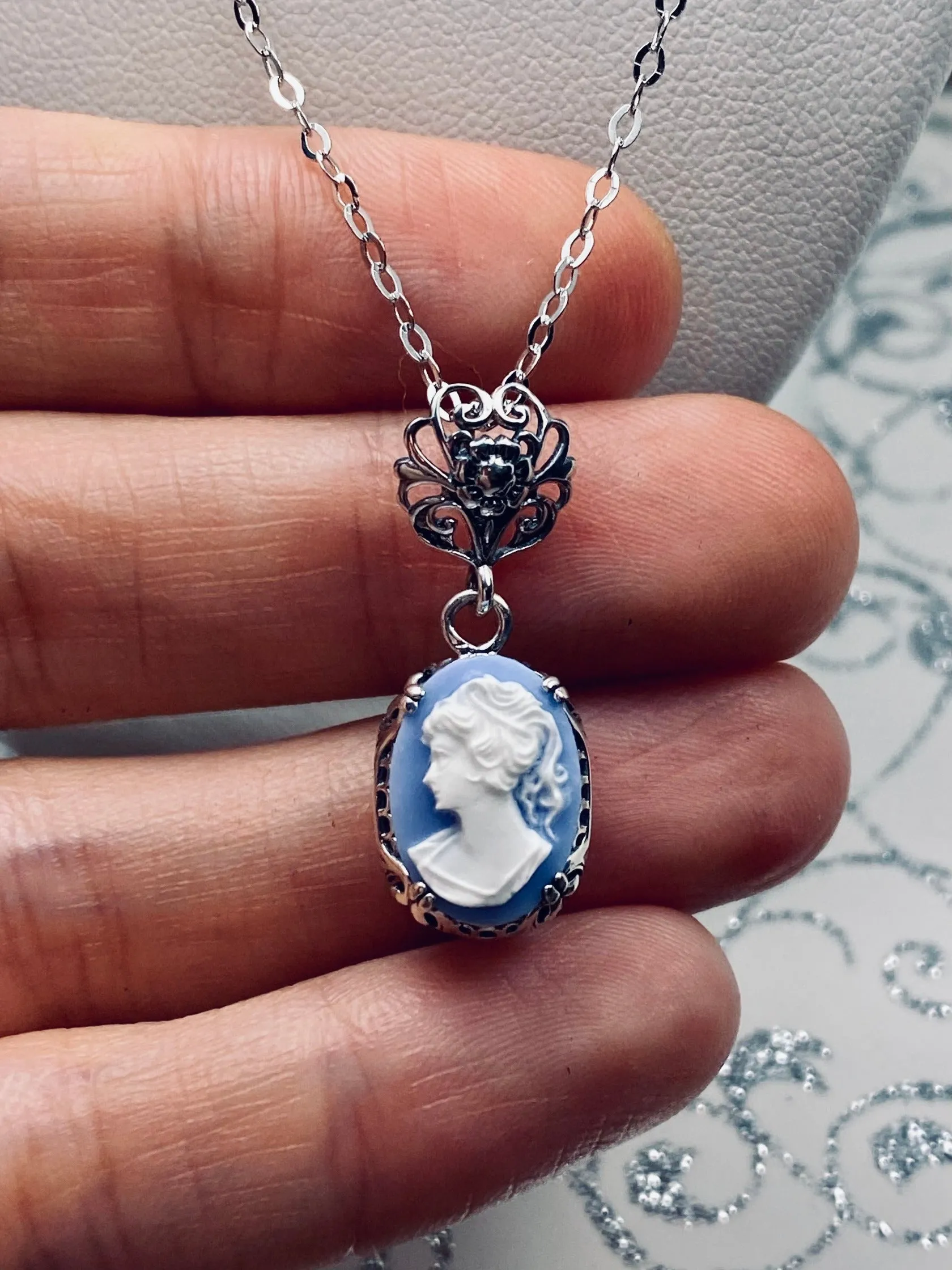 Cameo Pendant, Blue Lady Cameo Edwardian Necklace #P70