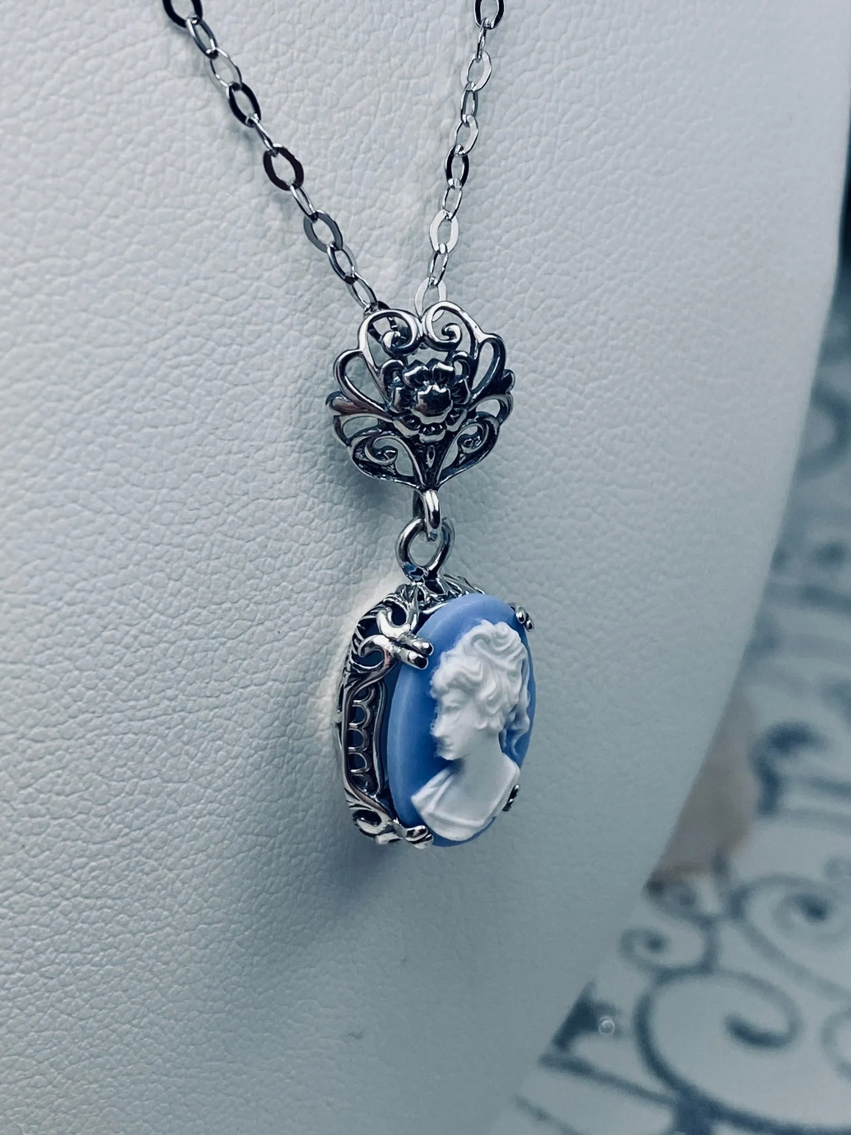 Cameo Pendant, Blue Lady Cameo Edwardian Necklace #P70