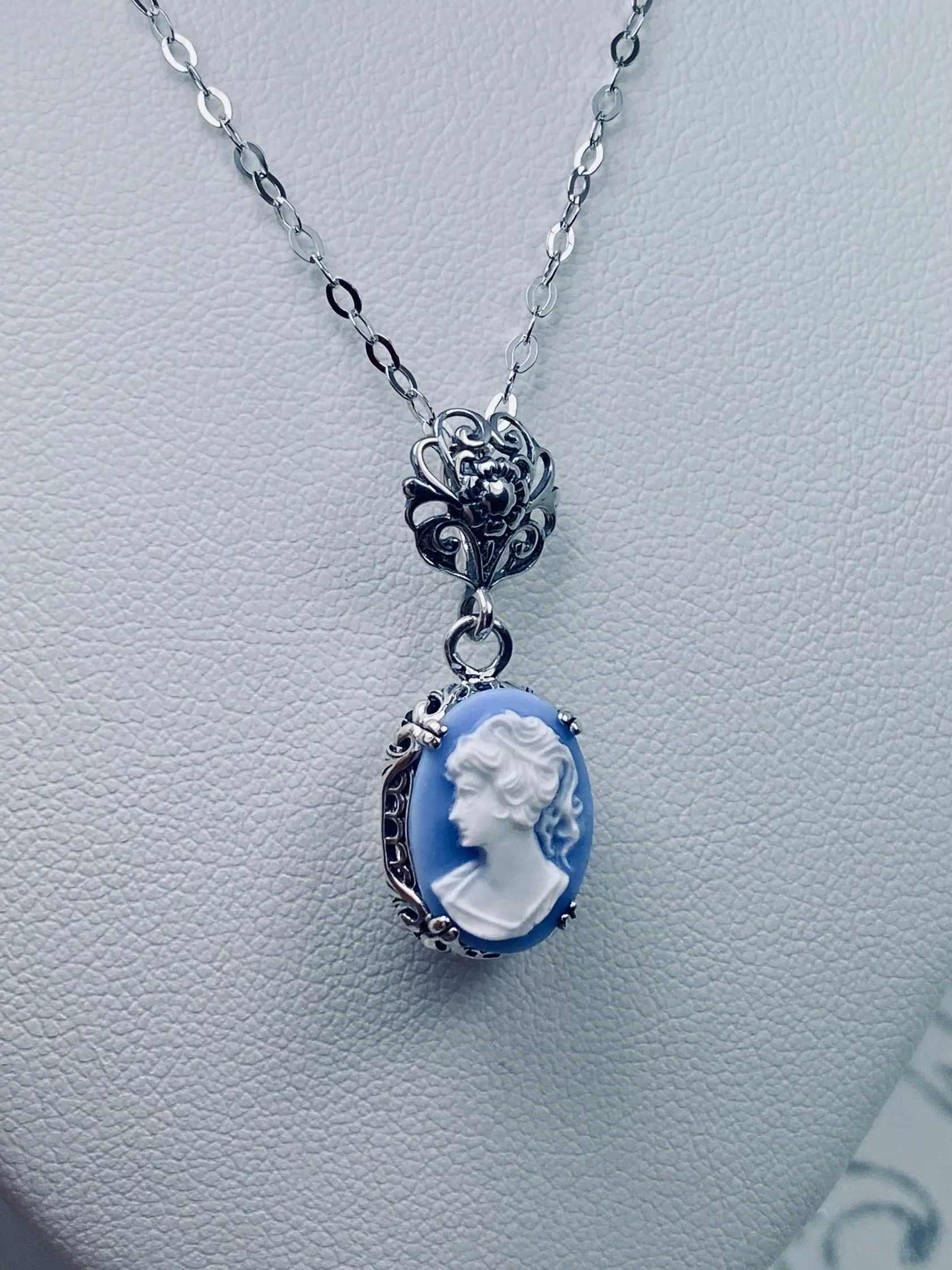 Cameo Pendant, Blue Lady Cameo Edwardian Necklace #P70